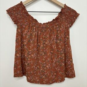 American Eagle Peasant Top Rust Brown Floral Shirt Feminine Boho Flowy Shoulder